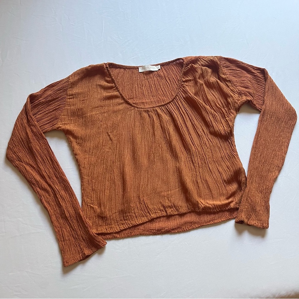 SAVANNAH MORROW rust orange cotton blend textured gauze pleated square neck‎ top